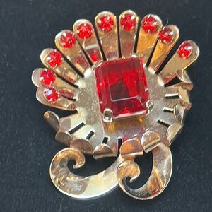 Vintage 40’s Brookraft Sterling/vermeil Brooch w/huge Red Rhinestone-2 1/2” x 2”